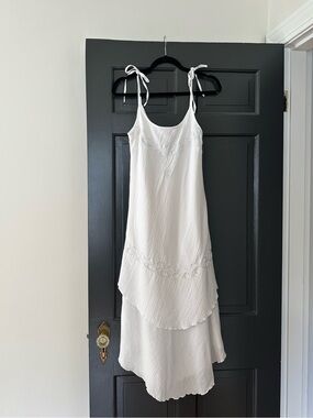 Mexico Lindo Artisan White Cotton Embroidered Boho Maxi Dress Medium